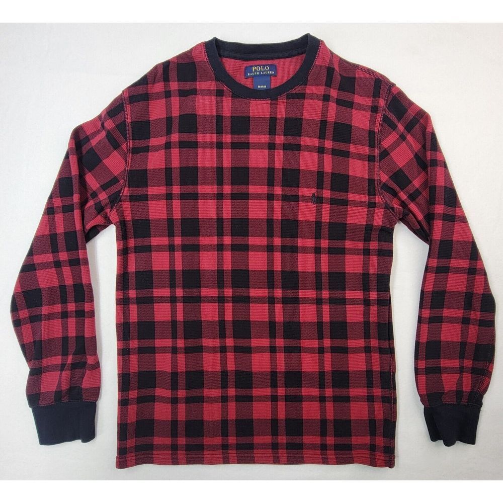 Polo Ralph Lauren Shirt Mens M Black Red Plaid Long Sleeve Thermal‎ Waffle Knit